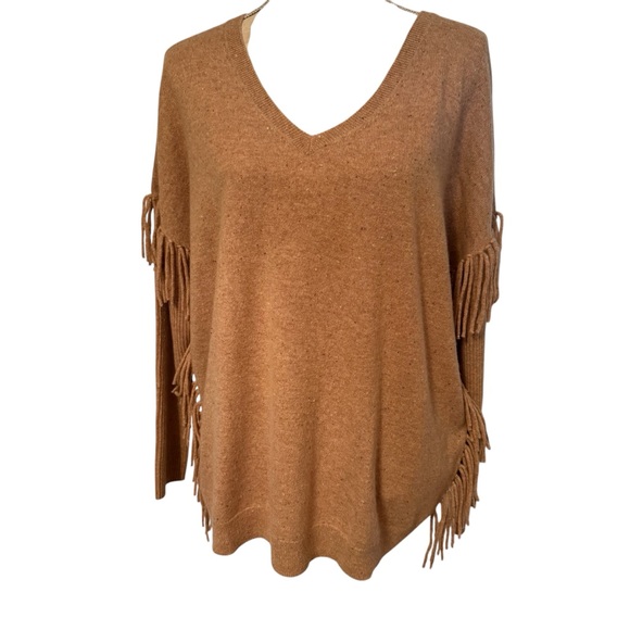 TALBOTS SWEATER V-NECK TAN CASHMERE FRINGE SLEEVES SIDES...